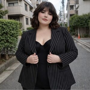 New Ashley Stewart Pinstripe Blazer Stretch Black White Rayon Nylon Spandex